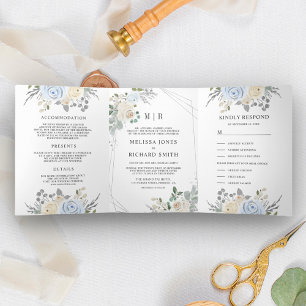 Invitation Trois Volets Rustique Bleu Poussiéreux et Ivoire Floral Tout en