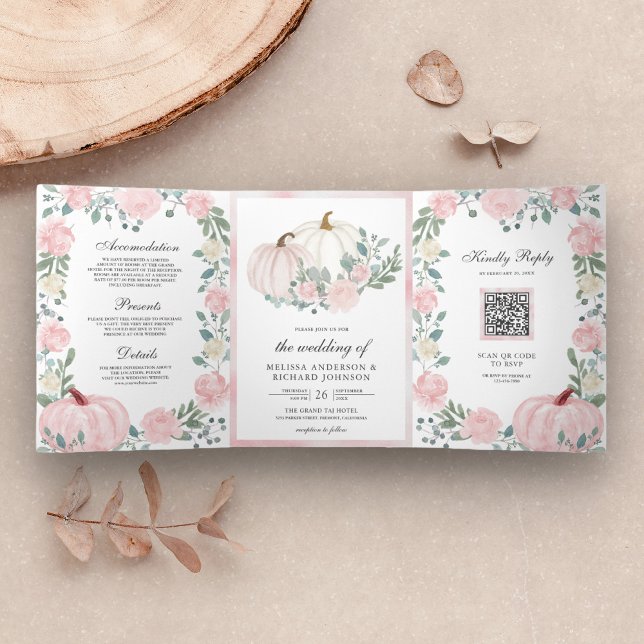 Invitation Trois Volets Rustique Blush rose Floral Citrouille QR Code Mari (Créateur téléchargé)