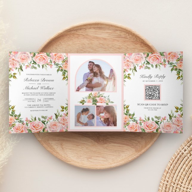 Invitation Trois Volets Rustique Blush rose Floral Mariage de code QR (Créateur téléchargé)