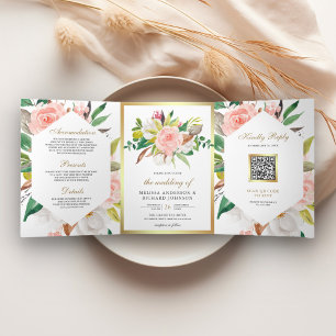 Invitation Trois Volets Rustique Blush rose Floral or QR Code Mariage