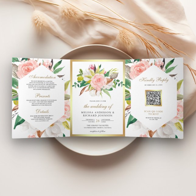 Invitation Trois Volets Rustique Blush rose Floral or QR Code Mariage (Créateur téléchargé)