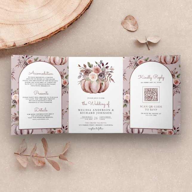 Invitation Trois Volets Rustique Boho Neutre Citrouille Floral QR Code Mar (Créateur téléchargé)