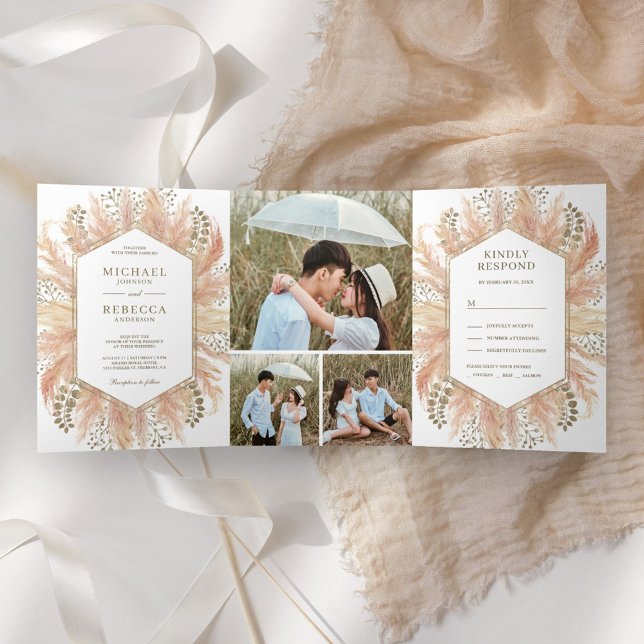 Invitation Trois Volets Rustique Boho Pampas Grass Photo Collage Mariage (Créateur téléchargé)