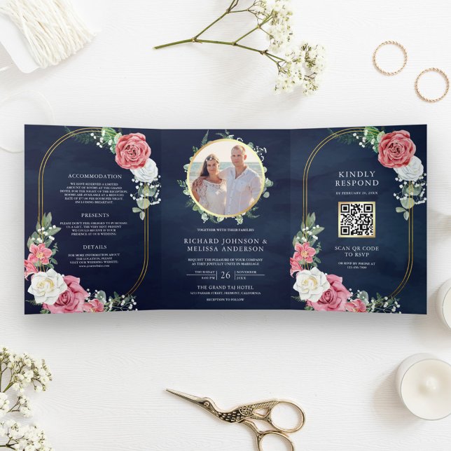 Invitation Trois Volets Rustique Boho rose Roses Floral Navy QR Code Maria (Créateur téléchargé)