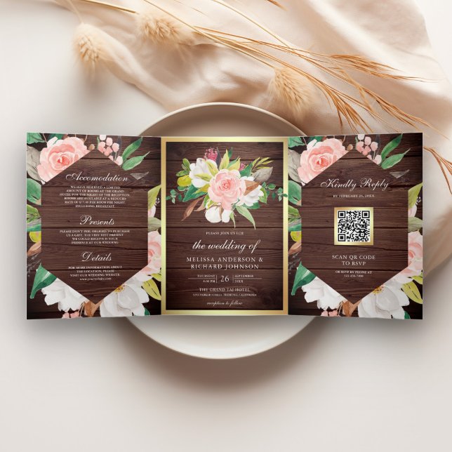 Invitation Trois Volets Rustique Bois Blush Rose Floral Or QR Code Mariage (Créateur téléchargé)
