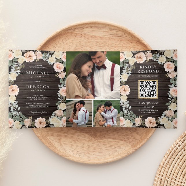 Invitation Trois Volets Rustique Bois Pêche Florale Code QR Mariage (Créateur téléchargé)