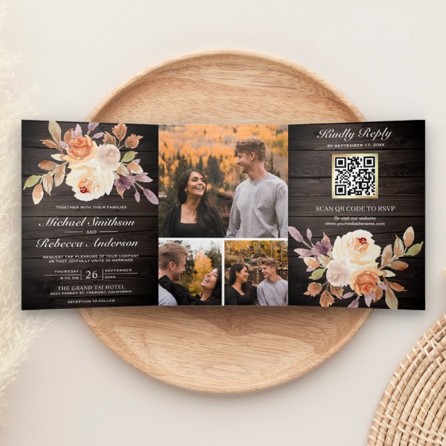 Invitation Trois Volets Rustique Bois Terre ivoire Floral QR Code Mariage (Créateur téléchargé)