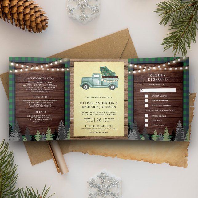 Invitation Trois Volets Rustique Bois Vert Noël Camion Mariage (Créateur téléchargé)