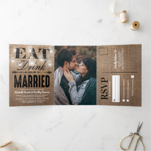 Invitation Trois Volets Rustique Burlap Mason Jar tout en un Mariage