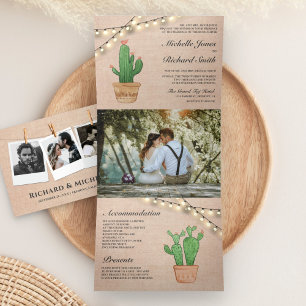 Invitation Trois Volets Rustique Burlap String Lumières Desert Cactus Mari