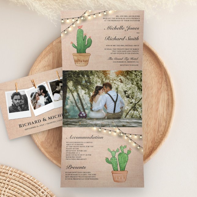Invitation Trois Volets Rustique Burlap String Lumières Desert Cactus Mari (Créateur téléchargé)