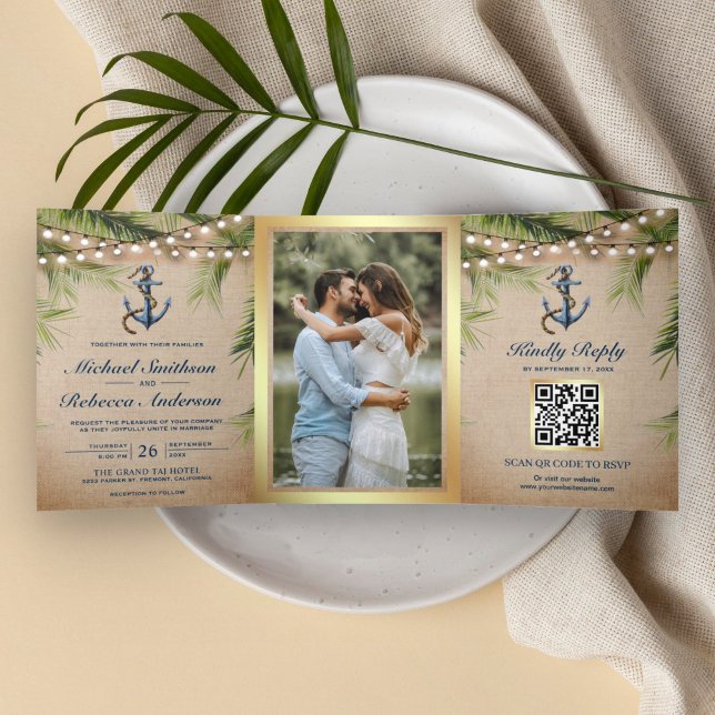 Invitation Trois Volets Rustique Burlap Tropical Palm Ancre QR Code Mariag (Créateur téléchargé)