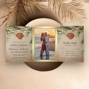 Invitation Trois Volets Rustique Burlap Tropical Palm Leaf Seashell Mariag