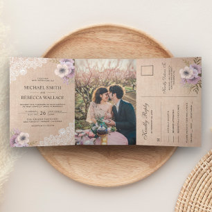 Invitation Trois Volets Rustique Campagne Toile de Jute Dentelle Fleurs Ro