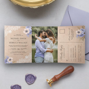 Invitation Trois Volets Rustique Campagne Toile de Jute Dentelle Fleurs Vi