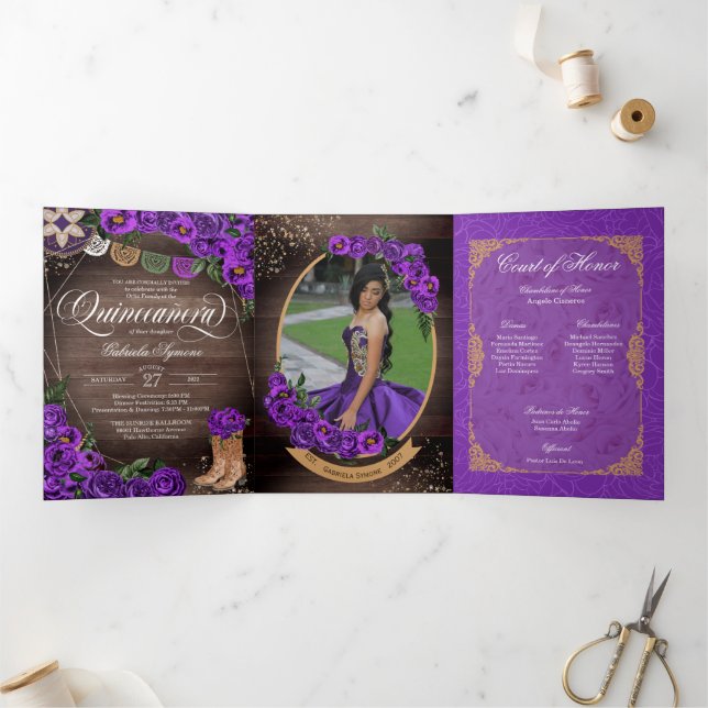 Invitation Trois Volets Rustique Charro Royal violet Rose Quinceañera (Intérieur)