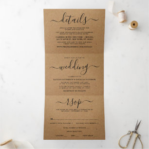 Invitation Trois Volets Rustique Country Kraft Simple Script Mariage Suite