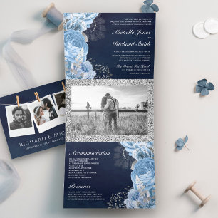 Invitation Trois Volets Rustique Dusty Blue Roses Floral Photo Mariage de