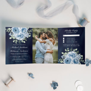 Invitation Trois Volets Rustique Dusty Blue Roses Photo Marine Blue Mariag