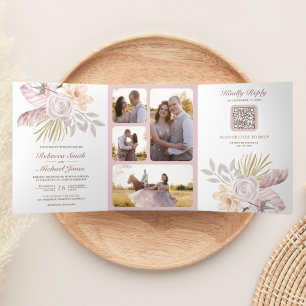 Invitation Trois Volets Rustique Dusty Rose rose Floral QR Code Mariage