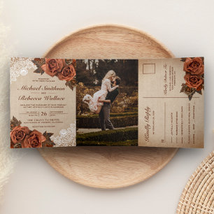 Invitation Trois Volets Rustique Earthy Burlap Dusty Terracotta Rose Maria