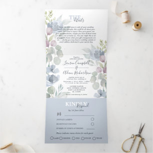 Invitation Trois Volets Rustique Eucalyptus Floral Dusty Mariage bleu