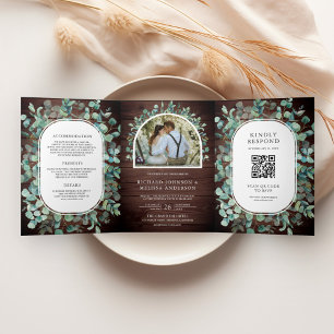 Invitation Trois Volets Rustique Eucalyptus Photo Grange Wood QR Code Mari