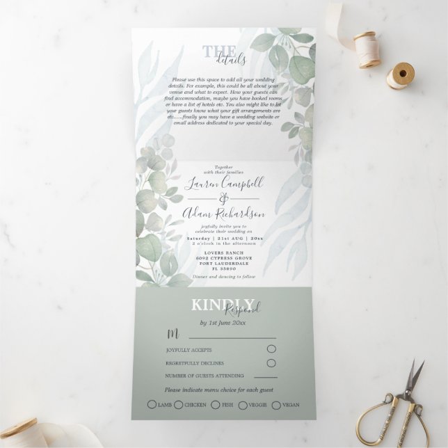 Invitation Trois Volets Rustique Eucalyptus Sage Vert Aquarelle Mariage   (Intérieur)