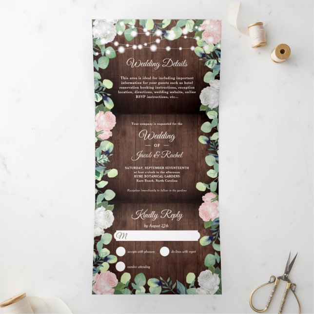 Invitation Trois Volets Rustique Floral Blush Roses Roses Roses Rose Maria (Intérieur)