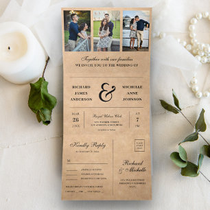 Invitation Trois Volets Rustique Kraft Minimal 3 en 1 Mariage Collage de P