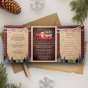 Invitation Trois Volets Rustique Kraft Vintage Camion de Noël Rouge Mariag