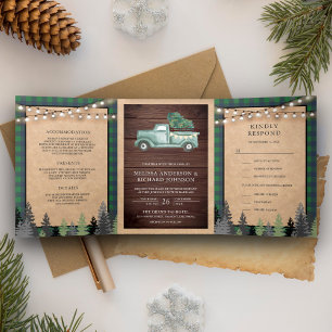 Invitation Trois Volets Rustique Kraft Vintage Vert Camion de Noël Mariage
