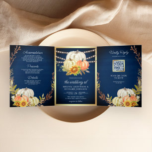 Invitation Trois Volets Rustique Marine Bois Tournesol Citrouille Code QR