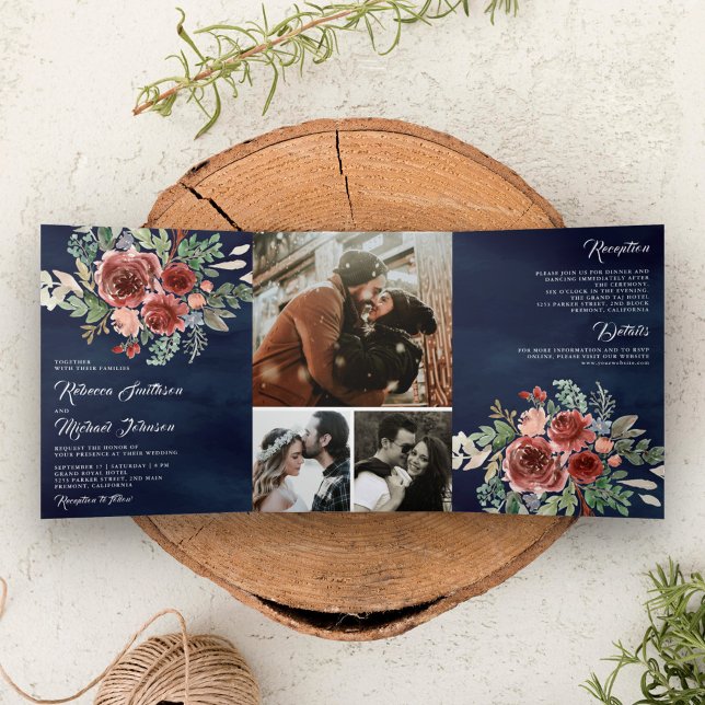 Invitation Trois Volets Rustique Pays Marsala Floral Marine Mariage bleu (Créateur téléchargé)