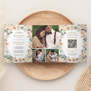 Invitation Trois Volets Rustique Péché Floral Poussiéreux Code QR Photo Ma