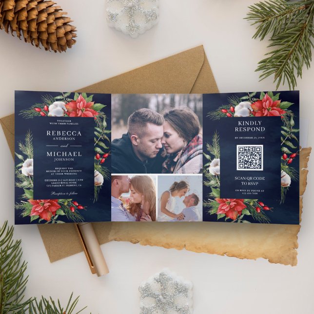 Invitation Trois Volets Rustique Poinsettia QR Code Mariage de la marine d (Créateur téléchargé)