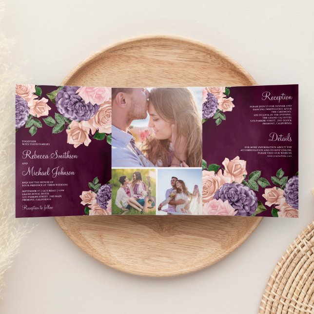 Invitation Trois Volets Rustique Poussiéreux Péché Pourpre Floral Prune Ma (Créateur téléchargé)