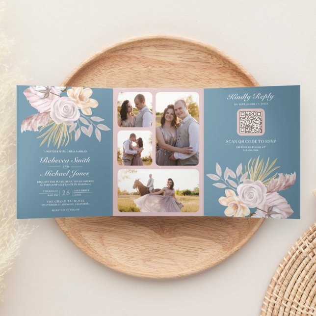 Invitation Trois Volets Rustique Rose Pâle Bleu Poussiéreux Code QR Floral (Créateur téléchargé)