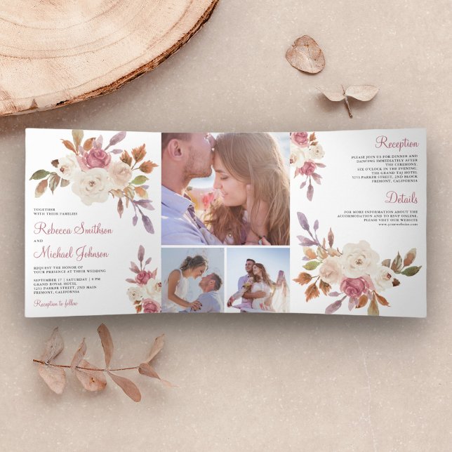 Invitation Trois Volets Rustique Rose Poussiéreuse et Fleurs de Mariage en (Créateur téléchargé)