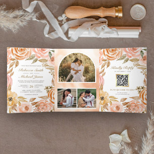 Invitation Trois Volets Rustique Terme Floral Automne QR Code Mariage