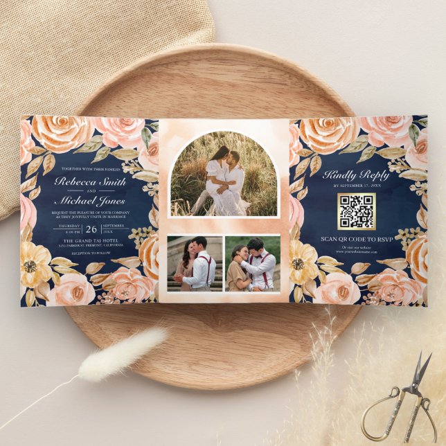 Invitation Trois Volets Rustique Terreux Floral Bleu Marine Code QR Mariag (Créateur téléchargé)