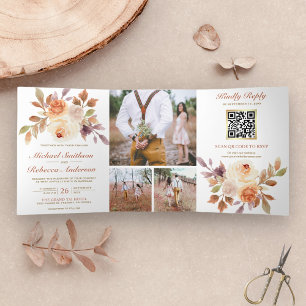 Invitation Trois Volets Rustique Terreux Ivoire Floral Code QR Photo Maria