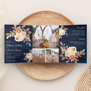 Invitation Trois Volets Rustique Terreux Poussiéreux Péché Floral Bleu Mar