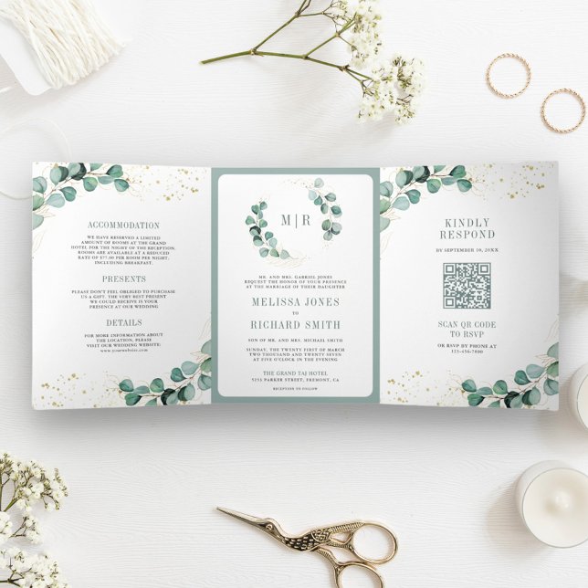 Invitation Trois Volets Rustique Végétalité Or Eucalyptus Code QR Mariage  (Créateur téléchargé)