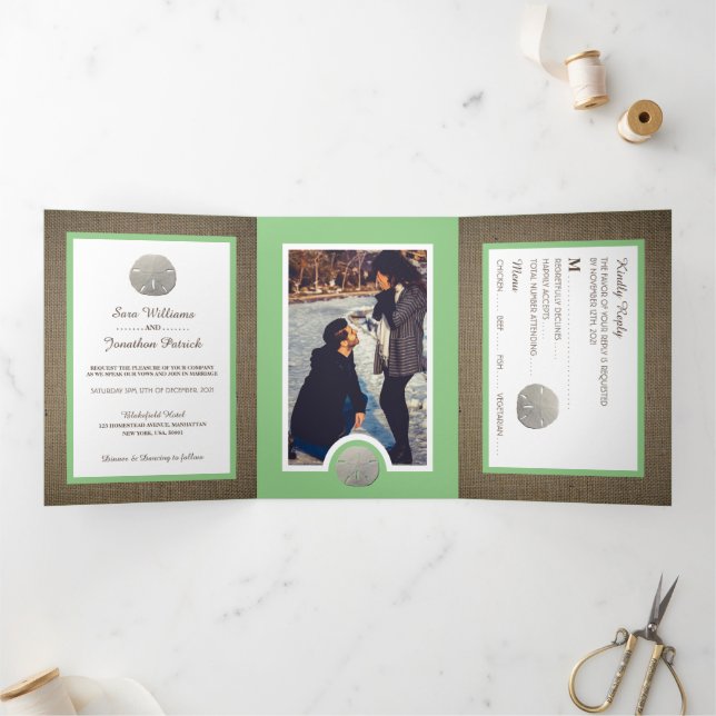 Invitation Trois Volets Sable Dollars & Burlap, Sage Beach Wedding Suite (Intérieur)