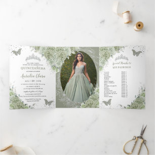 Invitation Trois Volets Sage Green Floral Argent Quinceañera 15 Photos