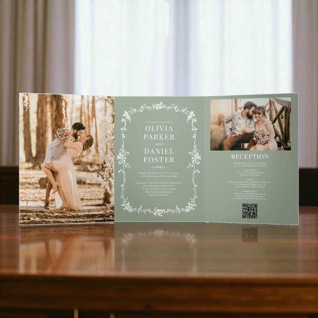 Invitation Trois Volets Sage Green French Victorian QR Code Photo Mariage (Créateur téléchargé)