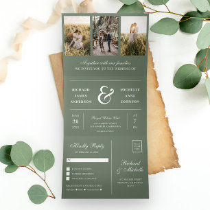 Invitation Trois Volets Sage Green Minimal 3 en 1 Mariage Collage Photo