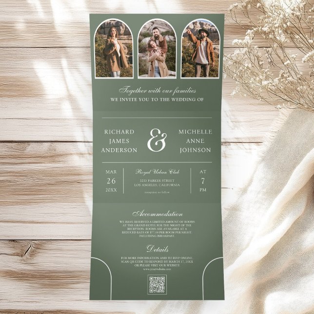 Invitation Trois Volets Sage Green Minimal Arch Photo QR code Wedding (Créateur téléchargé)