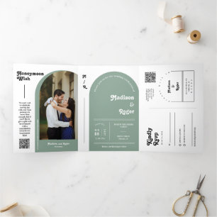 Invitation Trois Volets Sage Green Retro Boho Arch Photo QR Code Mariage